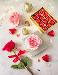 Collection of photos featuring a Valentine&rsquo;s Day mood board with romantic flat lay design, pink and red tones, hearts, roses, gold accents, fairy lights, chocolate, elegant stationery inspiration.
