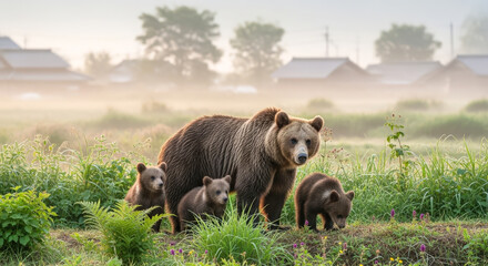 日の出の頃、母グマと三頭の子グマが日本の農村を歩く様子。野生動物が人里に近づく状況と、その共存のリスクを示している。