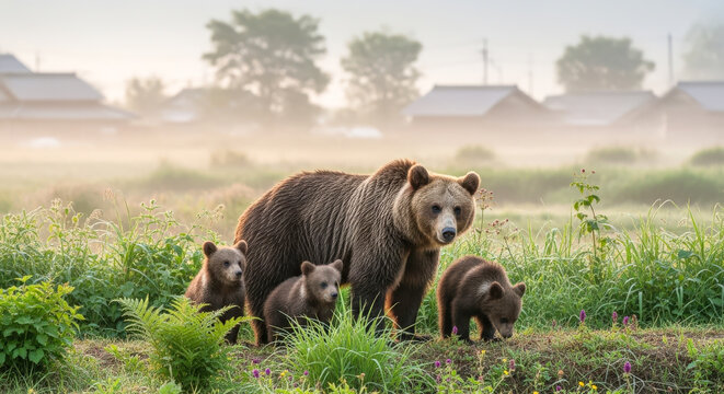 日の出の頃、母グマと三頭の子グマが日本の農村を歩く様子。野生動物が人里に近づく状況と、その共存のリスクを示している。