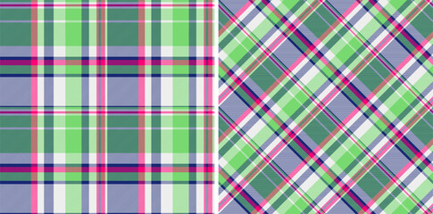 Vibrant plaid patterns. Classic  diagonal textile designs featuring green, blue, pink, and white hues. Perfect for backgrounds, fashion projects, or graphic design.