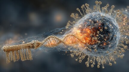 Golden DNA-shaped key enters a glowing cell receptor lock, symbolizing precision and innovation in personalized genetic therapy.