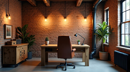 Cozy industrial home office workspace with exposed brick wall, rustic wooden desk, comfortable brown leather chair, warm vintage lighting, and green plants.