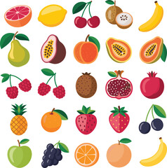 Colorful fruit icon set vector illustration with assorted tropical fruits, berries, citrus slices, fresh produce collection, vibrant food graphics for design projects