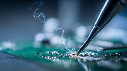 A macro shot of a circuit board being soldered, showing the precision of electronics repair. Vapor rises as the heated tip makes a connection. A detailed tech.