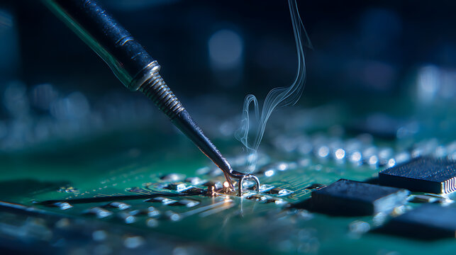 A soldering iron on a printed circuit board emitting smoke suggests electronics repair, engineering work, and delicate craftsmanship. It portrays precision and technical skill. - Powered by Adobe