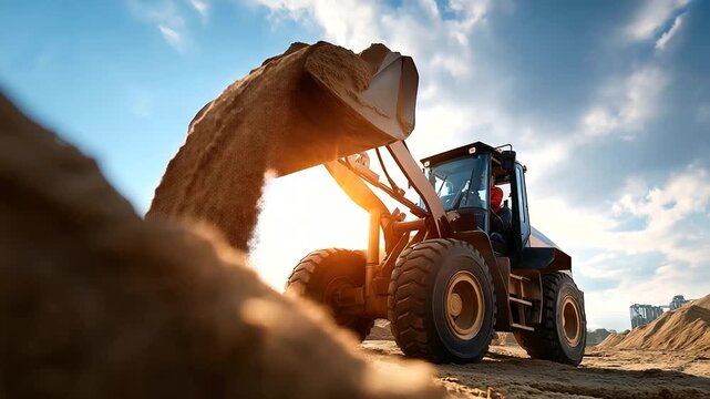 Powerful wheel loader with full bucket of sand raised high faceless operator silhouette in cabin defocused blue sky and clouds background heavy construction equipment against