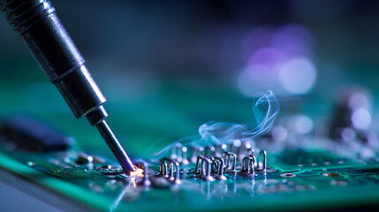 Close-up of a soldering iron connecting components on a circuit board, with smoke rising under blue light. Precision electronics manufacturing in detail.