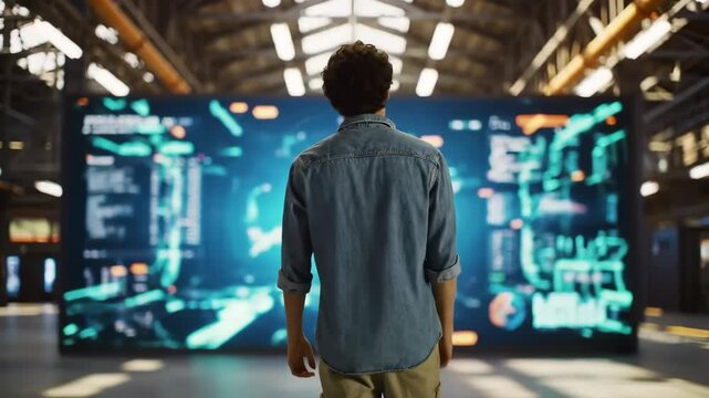 A man analyzes data on a large digital screen in an industrial setting, visualizing charts and graphs for technology analytics and innovation.