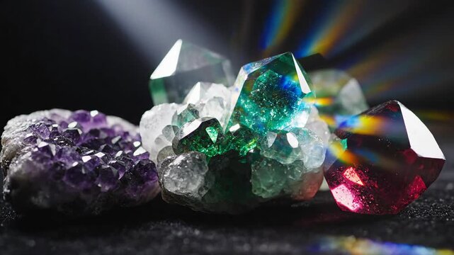 Brilliant closeup of various gemstones, amethyst, emeralds, and ruby, illuminated against a dark background