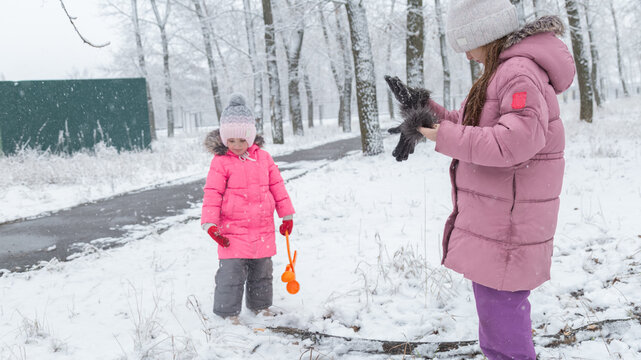 Active recreation with children in winter on cold days. Happy siblings having fun with snow