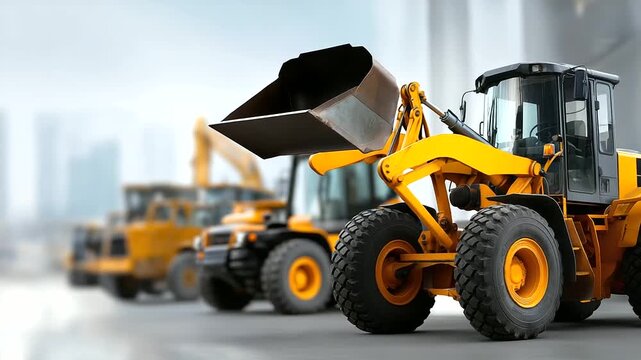 Collection of various wheel loaders isolated on white background faceless machinery presentation sharp focus on equipment details defocused subtle shadows heavy equipment