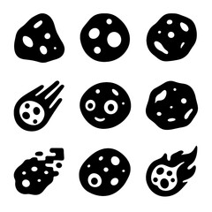 Set of cartoon asteroids and meteorites with smiling faces on dark background