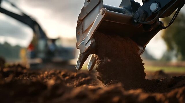 Extreme close up of metal excavator bucket teeth penetrating brown earth faceless operator's actions implied defocused backhoe arm in background soil displacement with flying