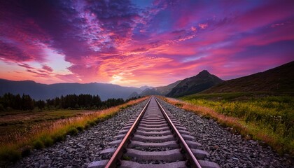 Fototapeta premium Railway Tracks Leading Toward Mountain Sunset In Vibrant Pink Purple Sky