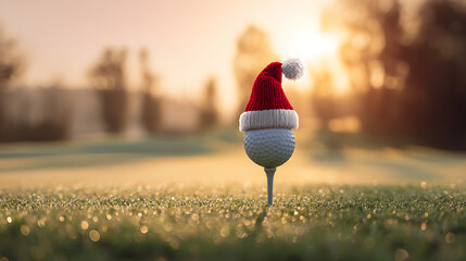 Fototapeta premium Golf ball wearing a Santa hat on a tee, festive golf season, cheerful winter sports, holiday-themed golfing, fun on the course, sunny winter day.