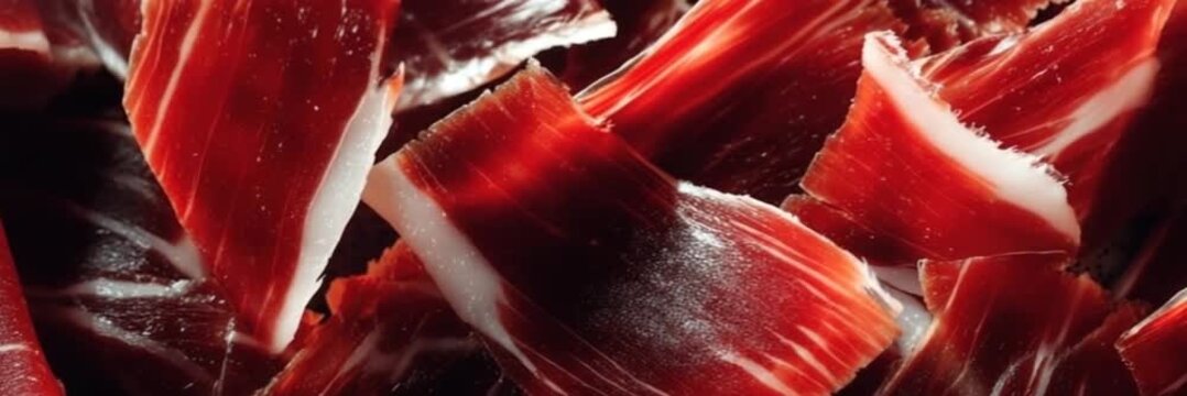 Close-up slices of Spanish jamon. Ham meat texture background. Wide panoramic shot of traditional European culinary delicacy 