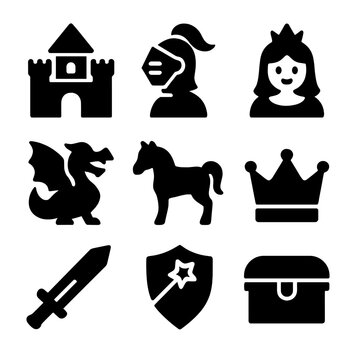 Medieval fantasy icons set featuring castle, knight, princess, dragon, and more
