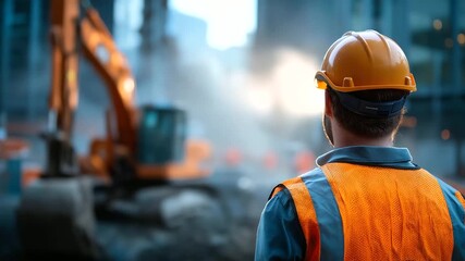 Faceless construction worker in safety helmet and high visibility vest from behind large excavator operating in defocused background building site atmosphere professional