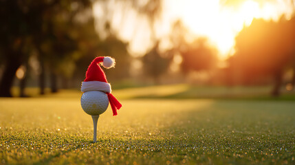 Festive golf ball wearing a tiny Santa hat sits on a tee on a dew-kissed green. The sunrise casts a golden glow, celebrating the holidays with a sporty twist in a serene landscape.