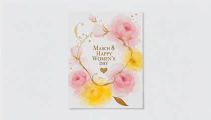 Modern greeting card for March 8th, featuring abstract watercolor flowers in pink and yellow