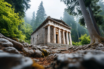 Ancient stone temple hidden deep in misty forest with dramatic roots and dense green foliage