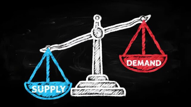 Chalk drawing illustrates the concept of supply and demand scales on a black background, highlighting economic balance and market dynamics with red demand and blue supply.