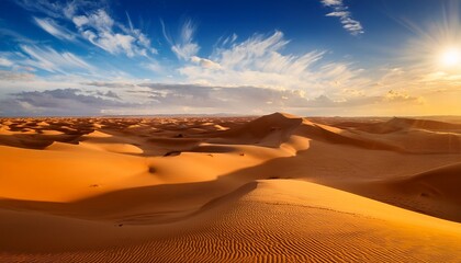 Golden Desert Dunes Stretch Towards The Horizon Bathed In Warm Sunlight The Sky Displaying Wispy Clouds And The Sun Blazing Creating An Evocative Atmosphere A Vast