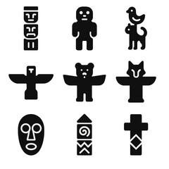 Abstract tribal symbols and totem animals on dark background