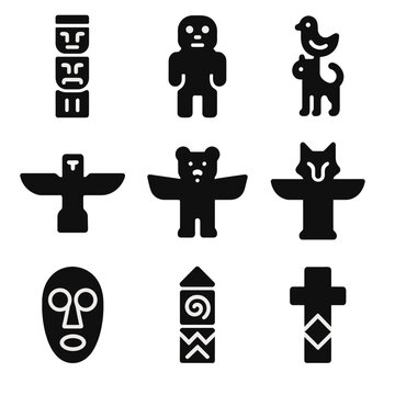 Abstract tribal symbols and totem animals on dark background