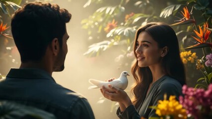 A romantic couple in a lush garden with a white dove. A woman smiles while holding a bird, symbolizing peace and love. Animated illustration of intimacy and connection in nature - Powered by Adobe
