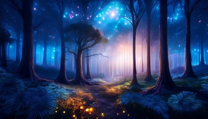 Mystical Magical Enchanted Forest At Night With Glowing Lights Ai Generative