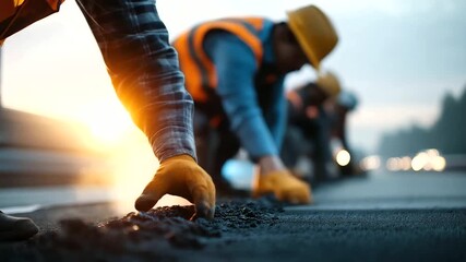 Faceless road maintenance crew applying fresh hot asphalt workers' hands and torsos with tools in foreground defocused highway extending into distance smoothing surface action