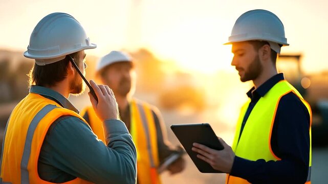 Faceless road construction engineers from behind one holding radio defocused roller compactor machinery on dusty road in background infrastructure development coordination suns