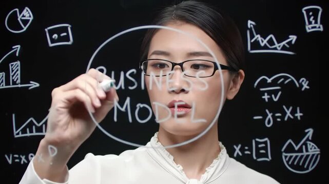 Woman writes 'Business Model' on a transparent glass wall surrounded by graphs and equations in black background, showcasing planning and strategy.