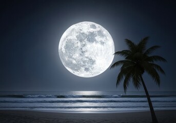 Luminous full moon over tropical ocean with silhouetted palm tree reflecting on water