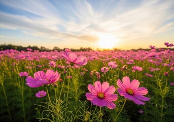 Fototapeta premium Vibrant pink cosmos flowers bloom across field at golden hour sunset sky