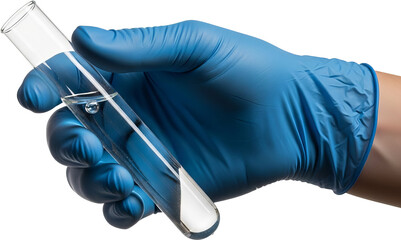 A person wearing a blue protective glove is holding a glass test tube containing a transparent sample. Isolated image.