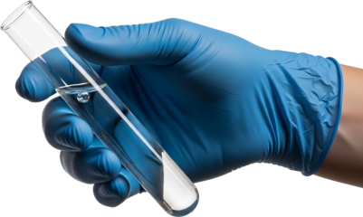 A person wearing a blue protective glove is holding a glass test tube containing a transparent sample. Isolated image.