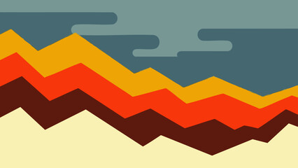 Abstract layered mountain range with a cloudy sky in a retro color palette.
