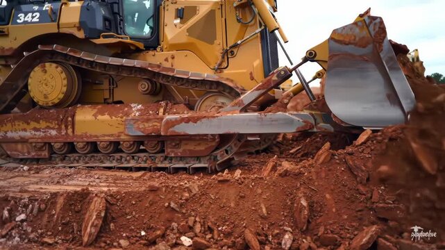 Close up shot of a yellow bulldozer pushing earth at a construction site, highlighting heavy equipment and clay soil with a cloudy sky background.
