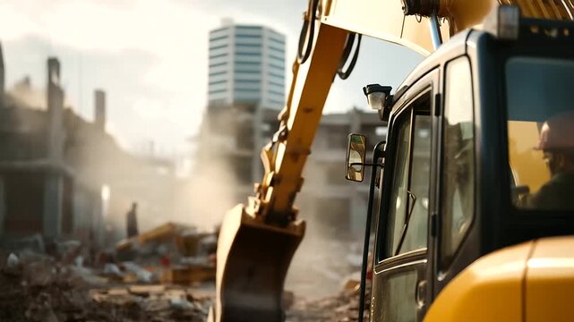 Heavy excavator demolishing old industrial building faceless operator in protective cabin defocused concrete structure destruction in background urban redevelopment work