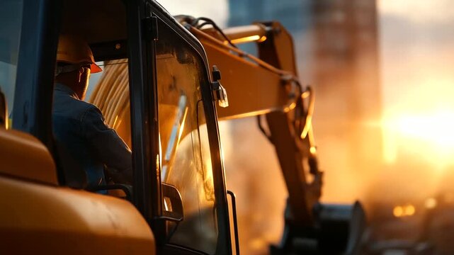 Heavy excavator in operation faceless operator controlling from cabin defocused construction site background hydraulic arm extended in foreground earthmoving work in progress