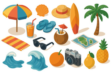 Colorful collection of summer beach essentials with tropical drink and surfboard