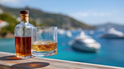 Whiskey glass and bottle overlooking scenic marina with yachts in background