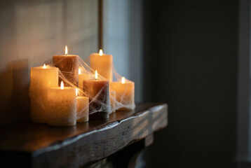 Lit candles with spiderwebs on wooden shelf