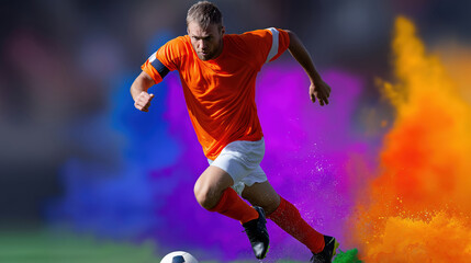Caucasian male soccer player in action with colorful powder background