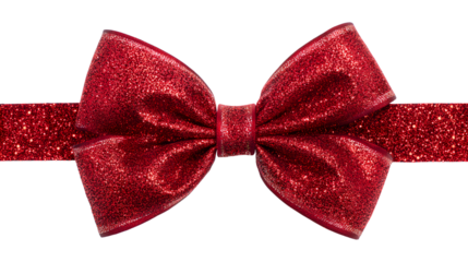 Elegant Christmas red ribbon bow with sparkling glitter edges isolated on transparent background
