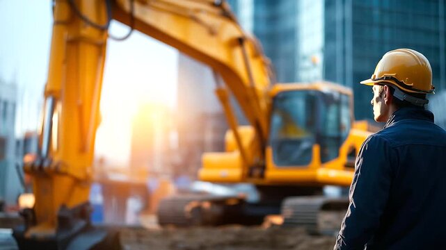 Large yellow excavator positioned at active construction site faceless operator silhouette defocused heavy machinery background earthmoving equipment building development zone