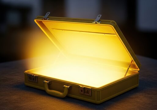 Open suitcase radiating brilliant golden light and energy
