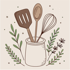 Charming rustic kitchen utensils in a jar surrounded by delicate botanical elements create a cozy cooking vibe